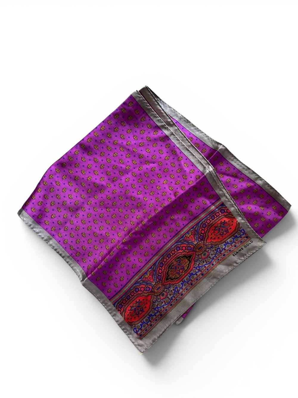 Elaine Gold Purple Paisley Vibrant 100% Silk scarf 52”x11”